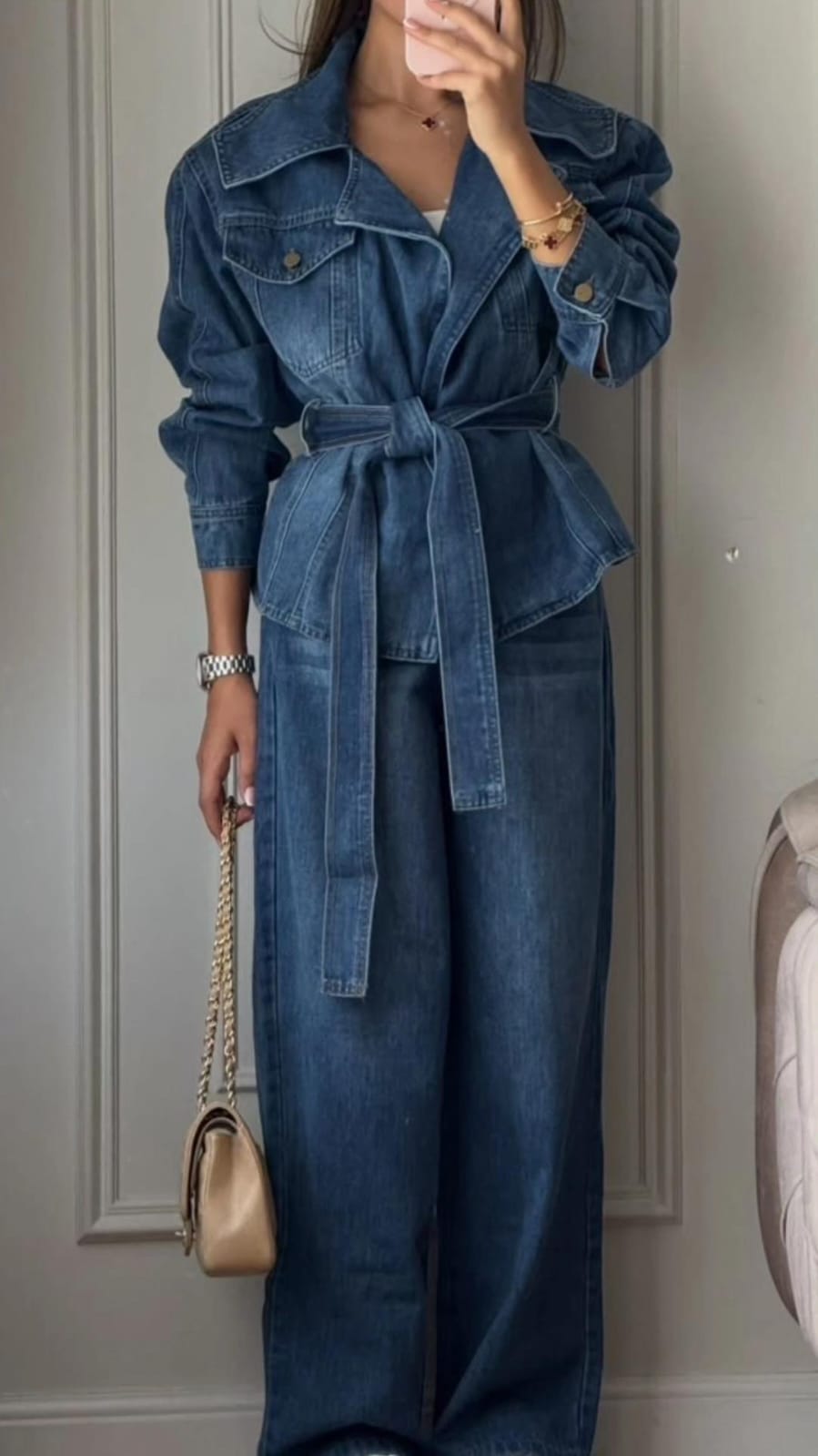 Elegant Denim co-ord set featuring a belted, pocket jacket and wide-leg flare denim pants FT958