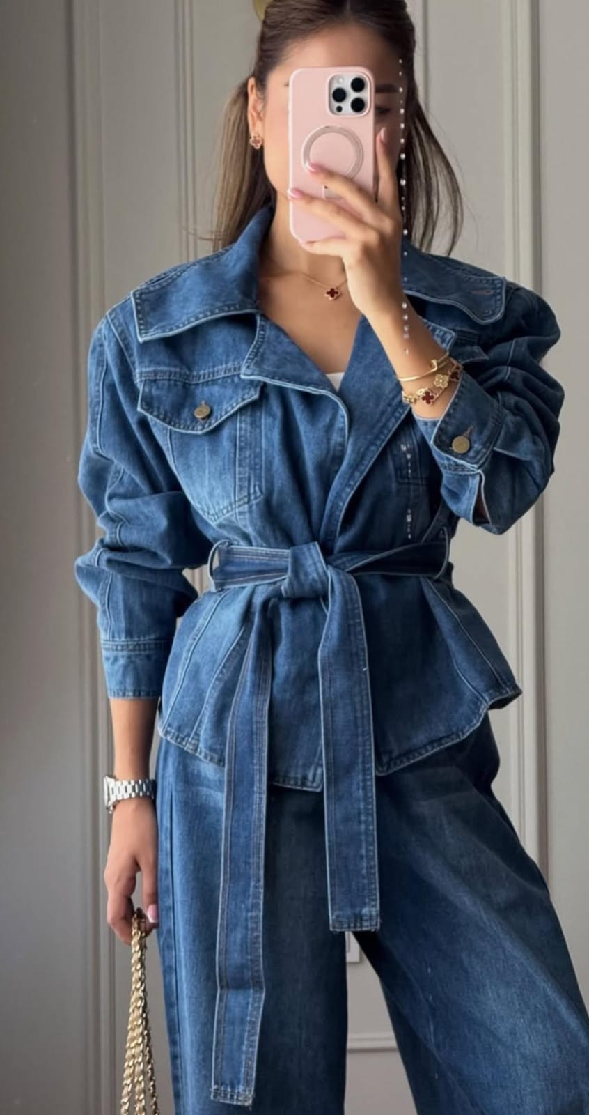 Elegant Denim co-ord set featuring a belted, pocket jacket and wide-leg flare denim pants FT958