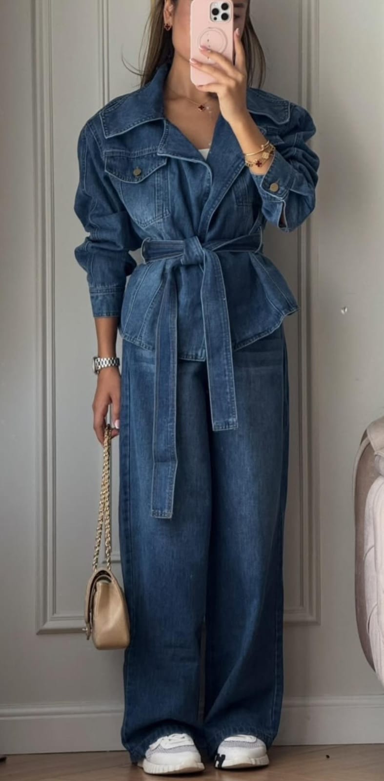 Elegant Denim co-ord set featuring a belted, pocket jacket and wide-leg flare denim pants FT958