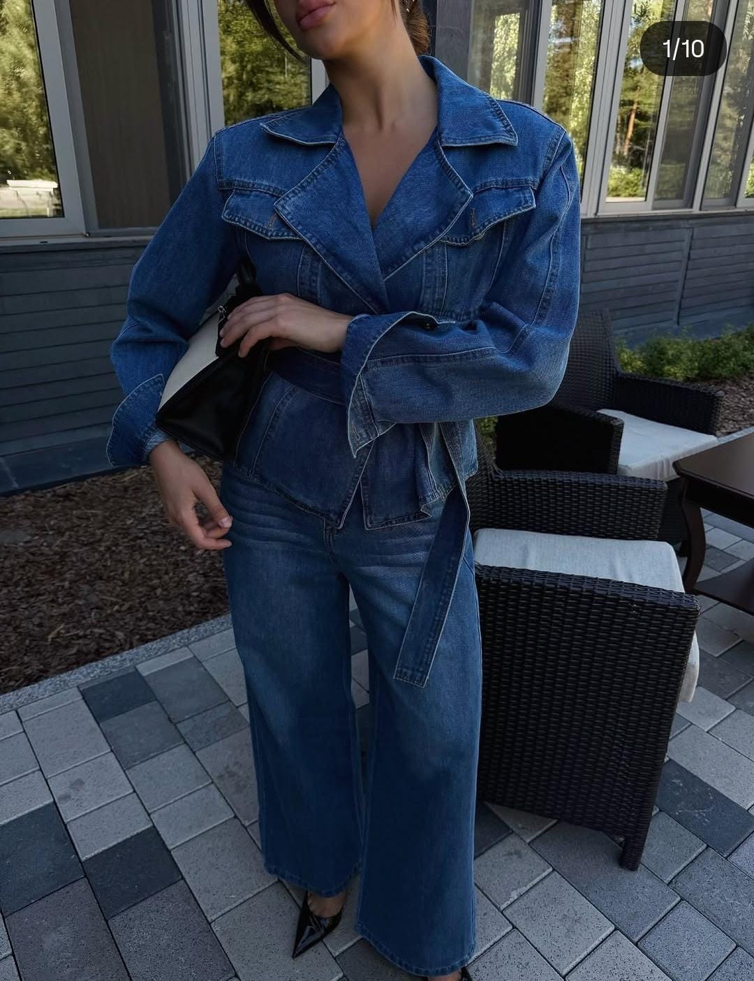 Elegant Denim co-ord set featuring a belted, pocket jacket and wide-leg flare denim pants FT958
