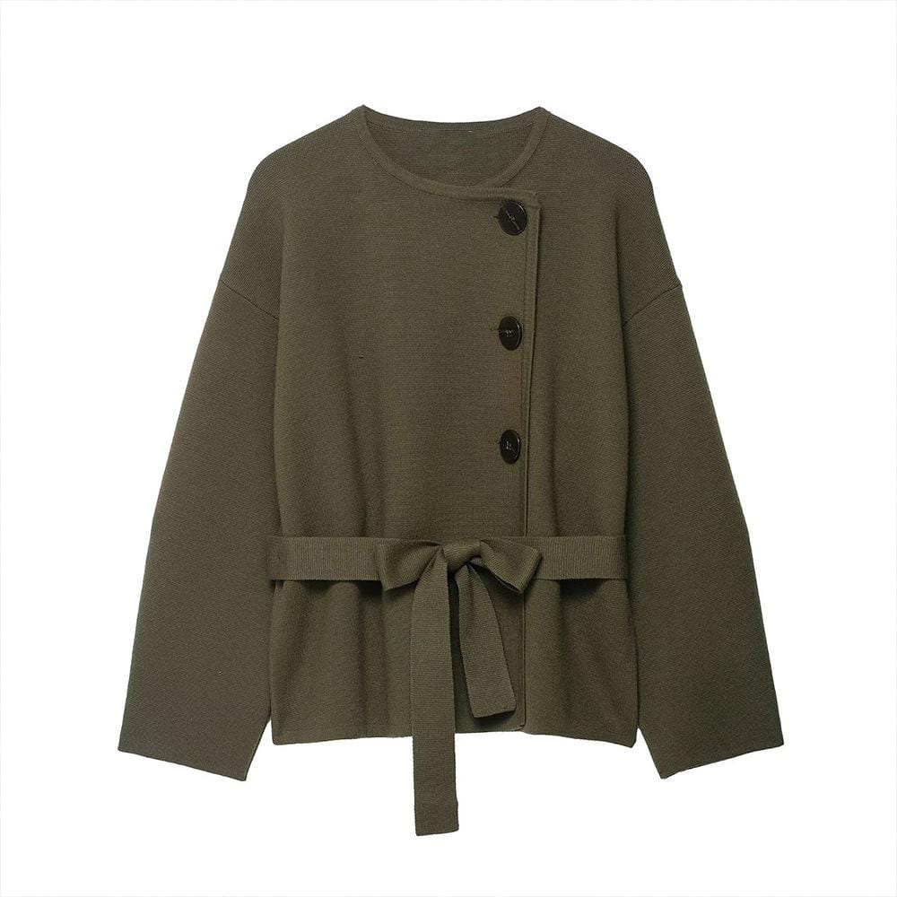 Elegant Olive green solid belted jacket FT960