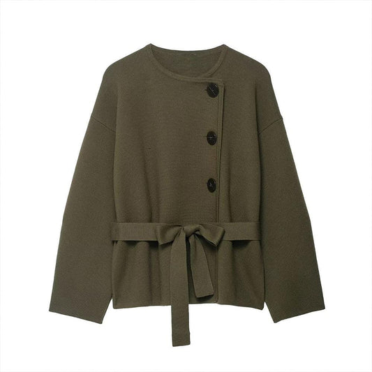 Elegant Olive green solid belted jacket FT960
