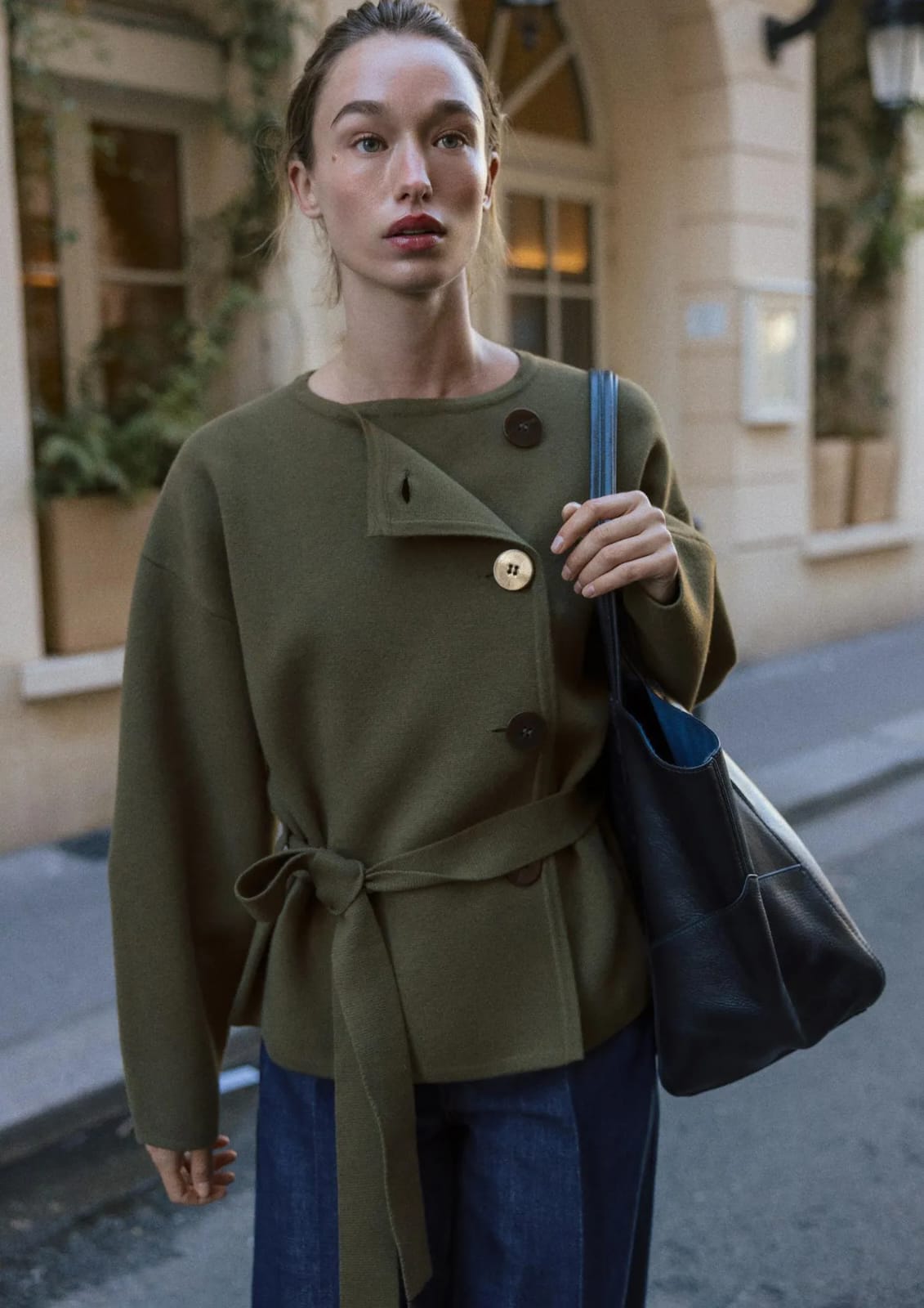 Elegant Olive green solid belted jacket FT960