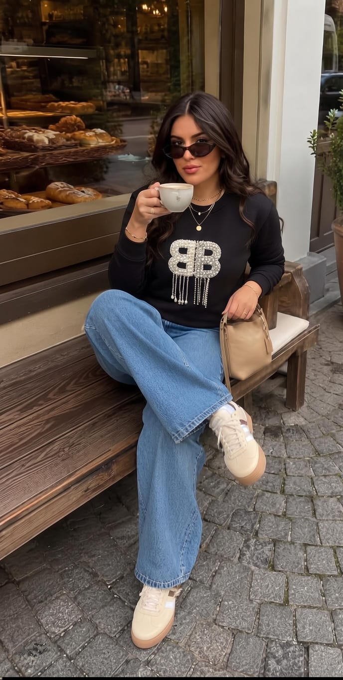 Elegant crewneck sweatshirt featuring a prominent double-B crystal and pearl-embellishement FT961