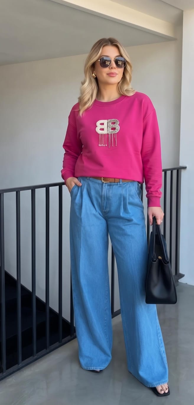 Elegant crewneck sweatshirt featuring a prominent double-B crystal and pearl-embellishement FT961