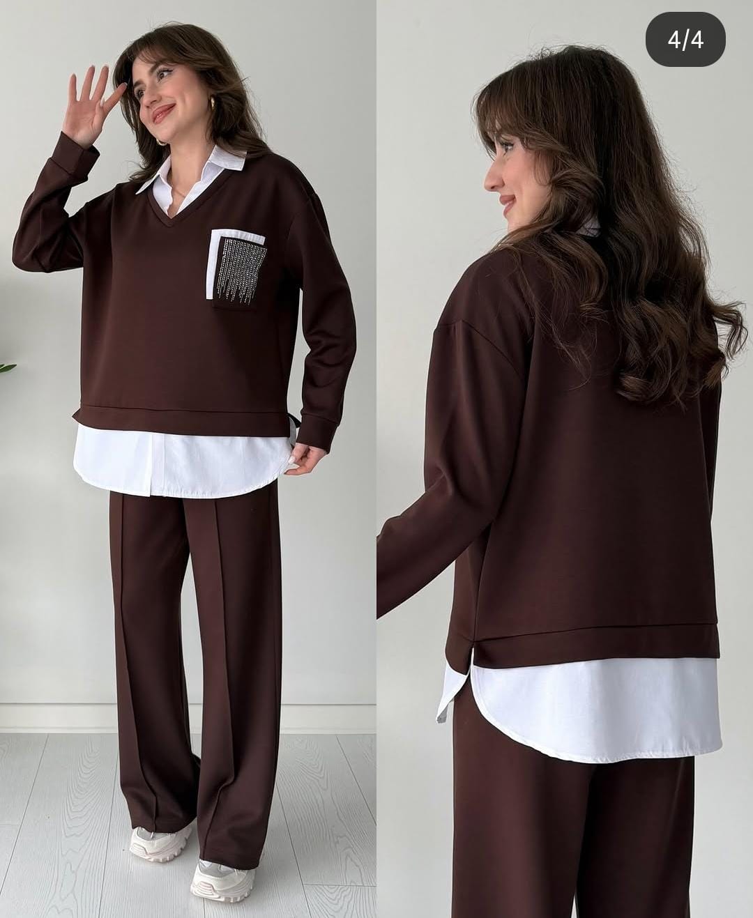 Elegant V-neck sweatshirt with a sparkling embellished pocket detail and a layered white shirt hem with matching pants FT964