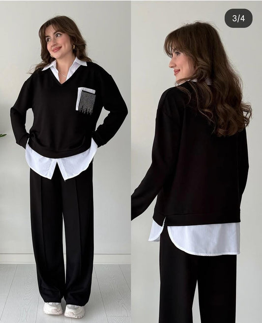 Elegant V-neck sweatshirt with a sparkling embellished pocket detail and a layered white shirt hem with matching pants FT964