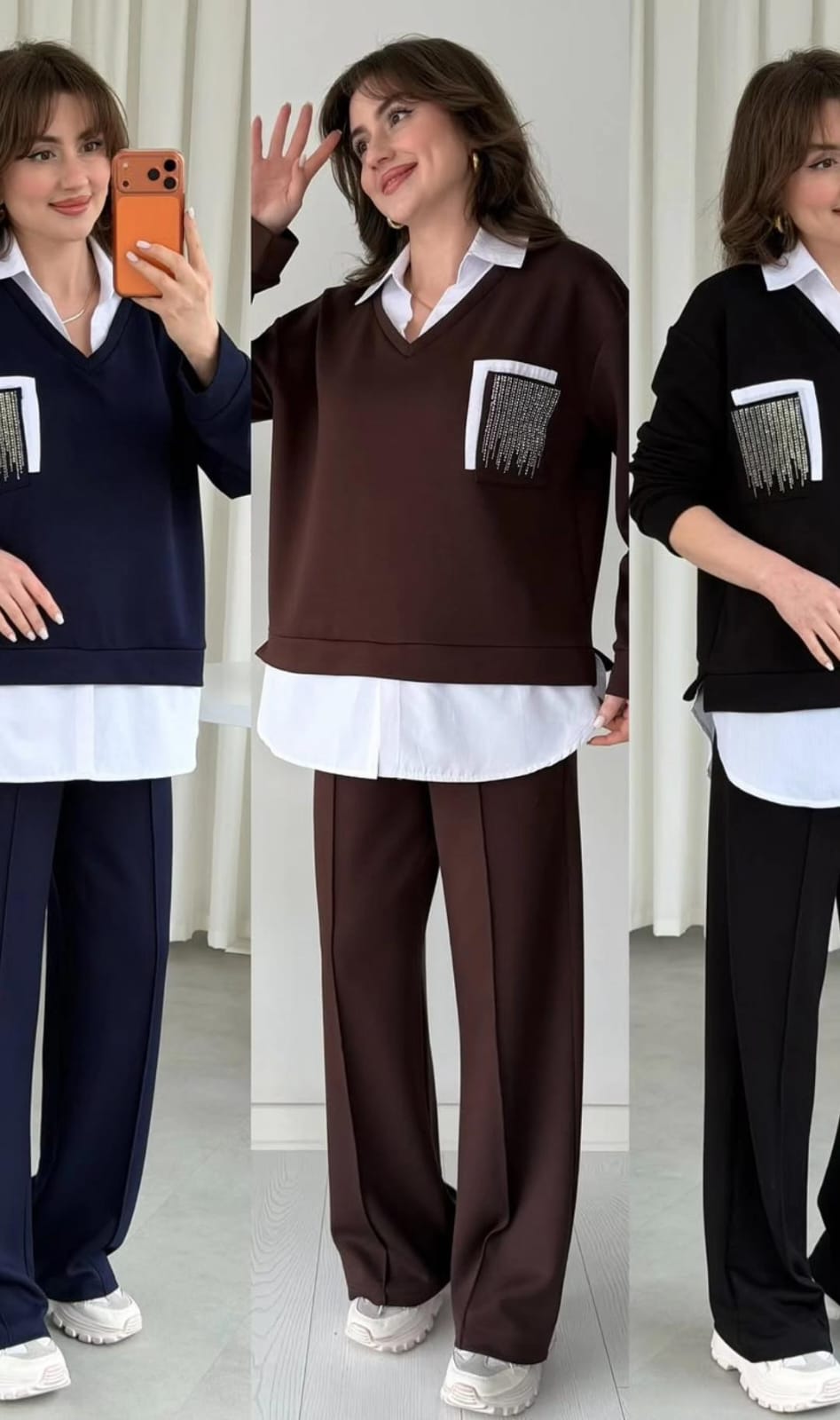 Elegant V-neck sweatshirt with a sparkling embellished pocket detail and a layered white shirt hem with matching pants FT964