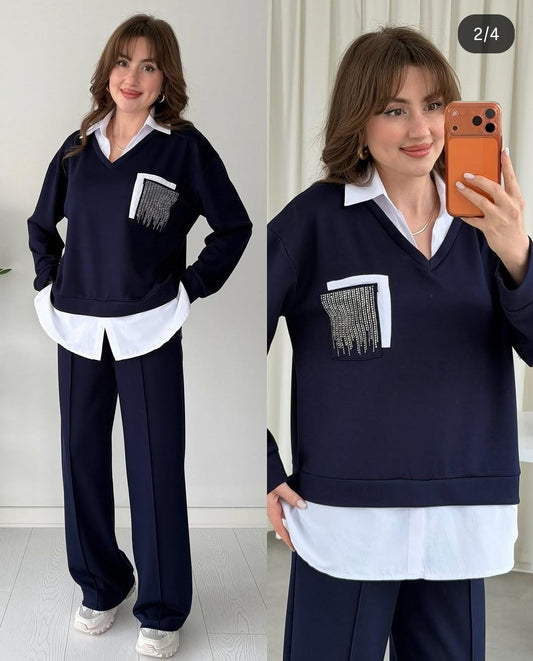 Elegant V-neck sweatshirt with a sparkling embellished pocket detail and a layered white shirt hem with matching pants FT964