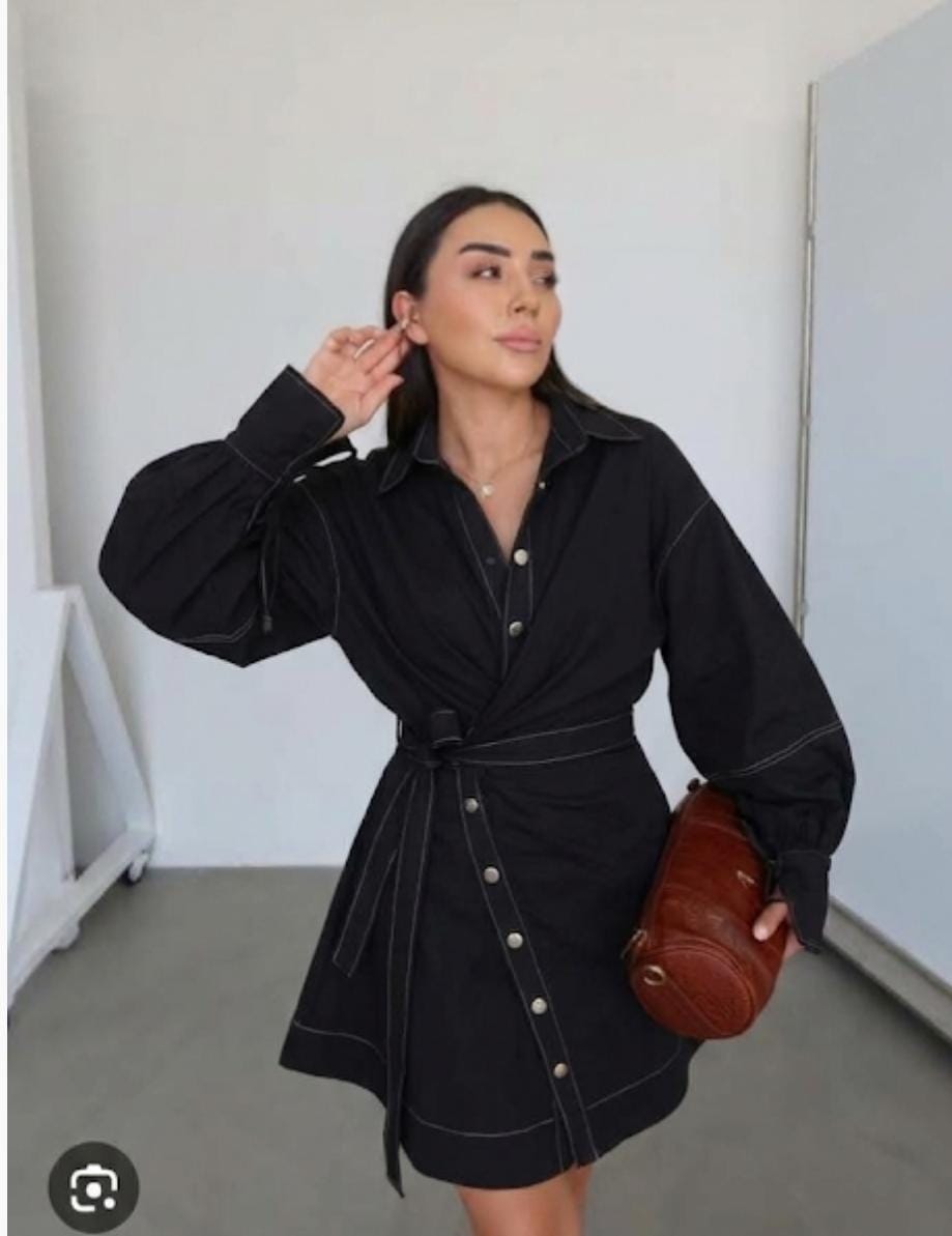 Elegant  Dark blueish/blackish denim shirt dress featuring a classic collar long sleeves with buttoned cuffs wrap-style pattern FT967