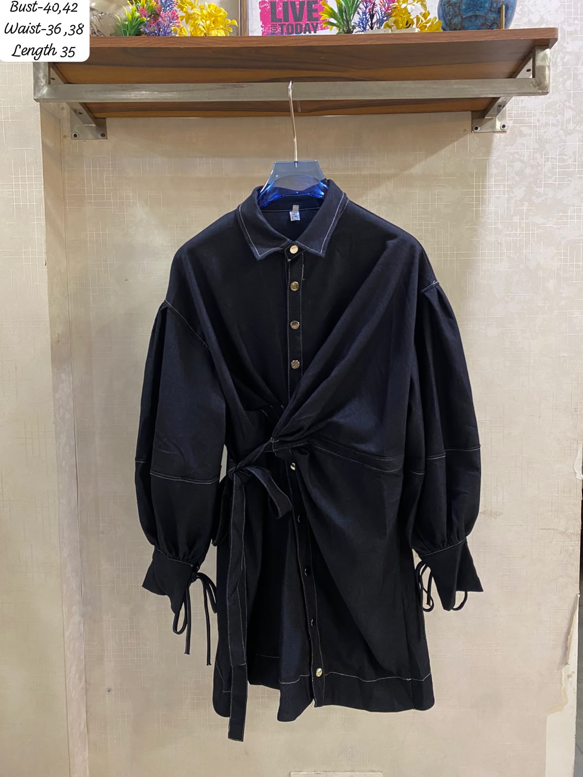 Elegant  Dark blueish/blackish denim shirt dress featuring a classic collar long sleeves with buttoned cuffs wrap-style pattern FT967