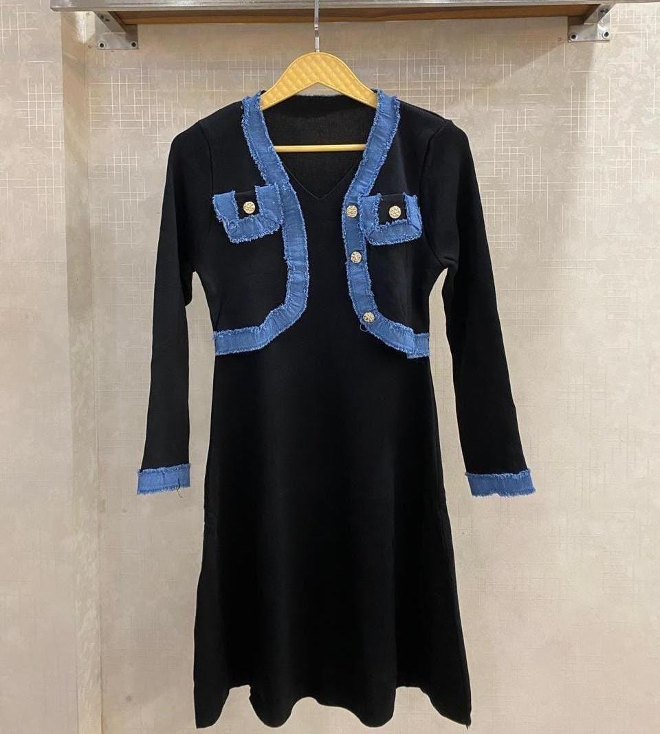 Beautiful Soft knit denim-trim detailing dress FT970