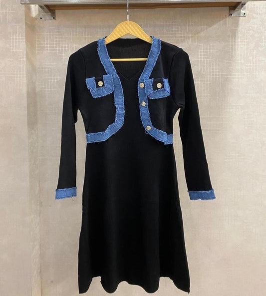 Beautiful Soft knit denim-trim detailing dress FT970