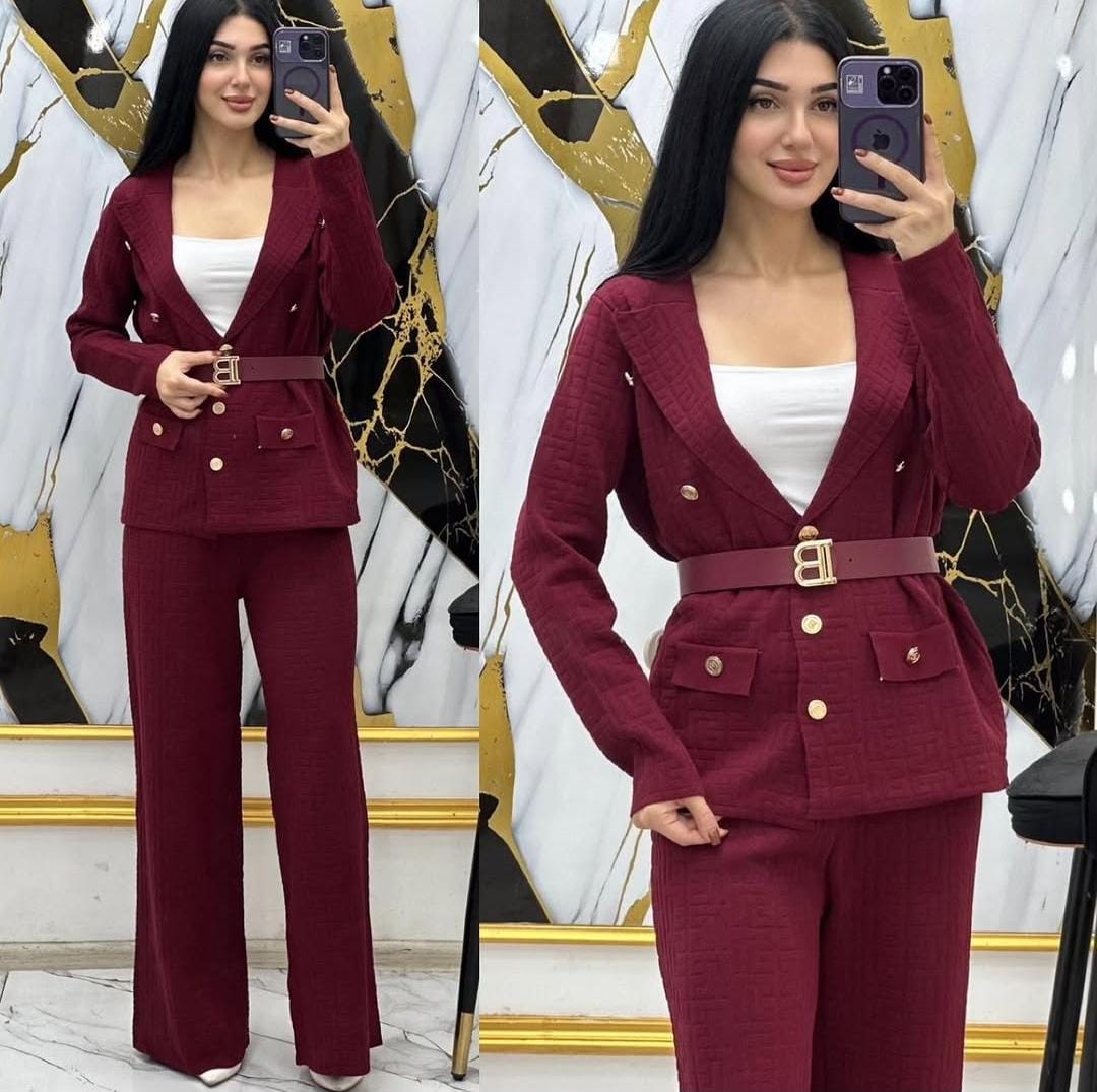 Patterned Belted Blazer With Loose Fitted Pants FT382