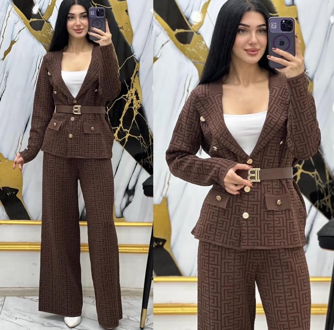 Patterned Belted Blazer With Loose Fitted Pants FT382