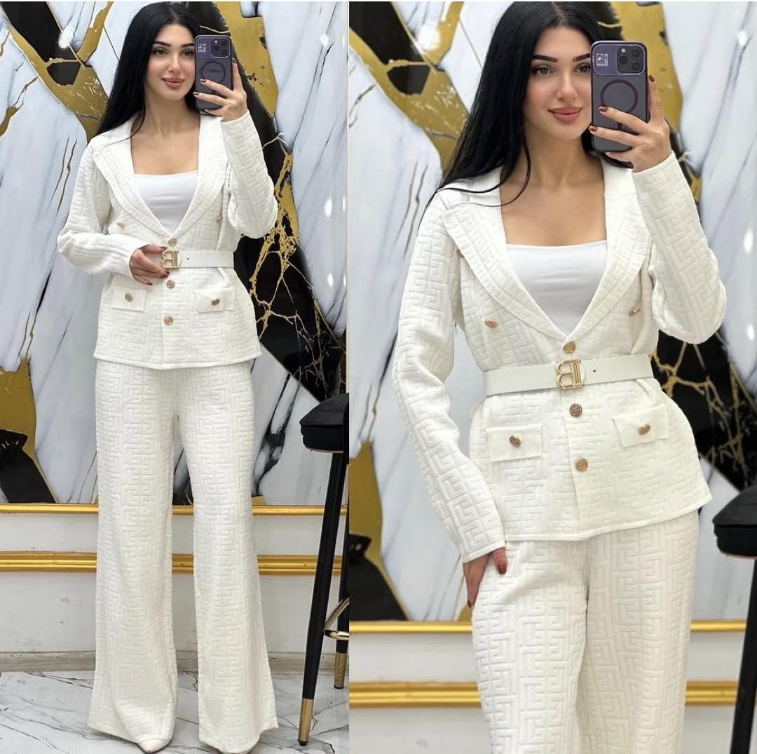 Patterned Belted Blazer With Loose Fitted Pants FT382