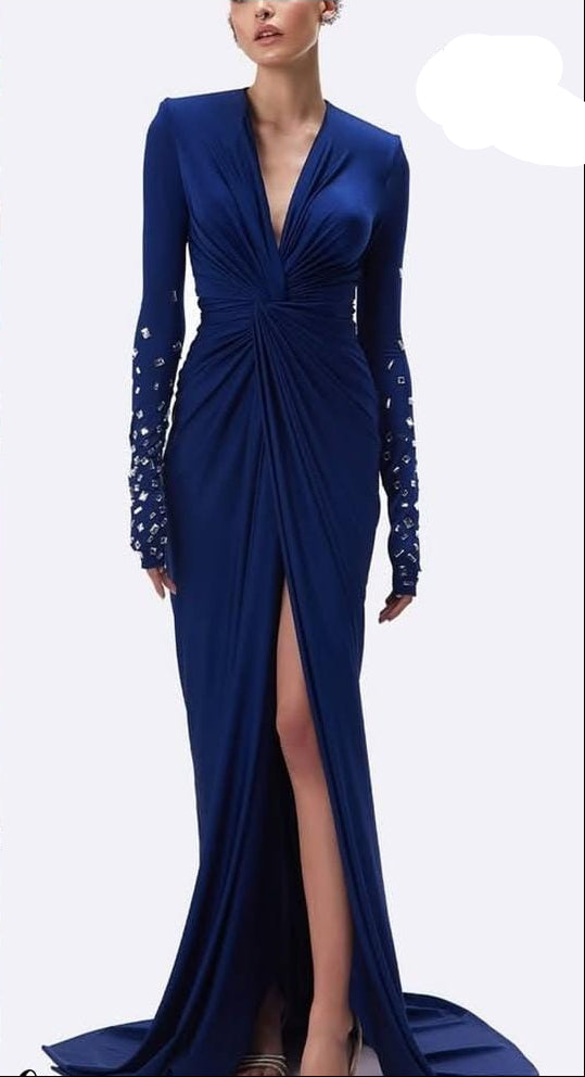 Embellished Sleeves Draped Dress FT423