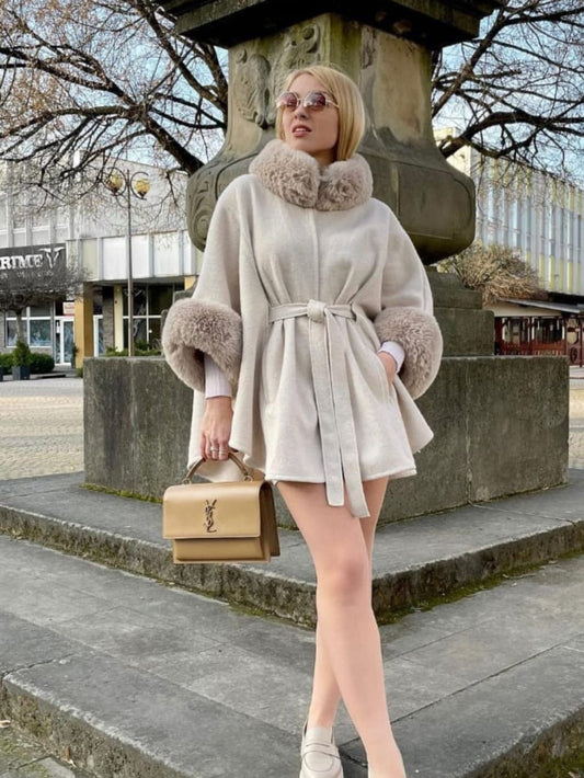 Beautiful Woollen Furr Cape With Belt FT005