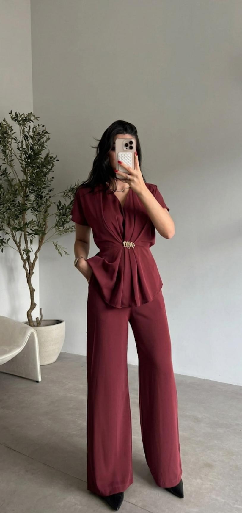 V-Neck Top With Wide-Leg Trouser FT789