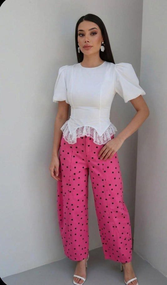 Beautiful High waist barrel polka dot denim pants FT941