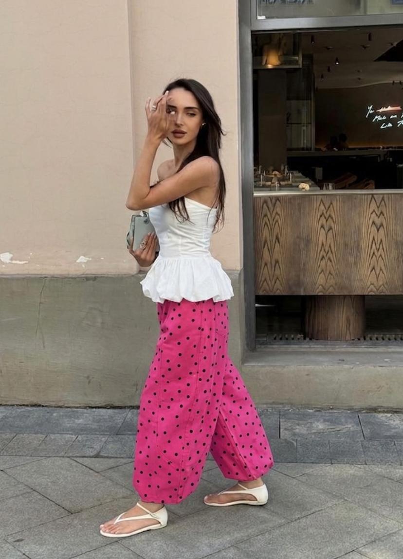 Beautiful High waist barrel polka dot denim pants FT941