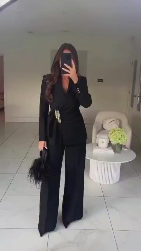 Blazer With Gold Buckle Belt Set With Trouser FT929